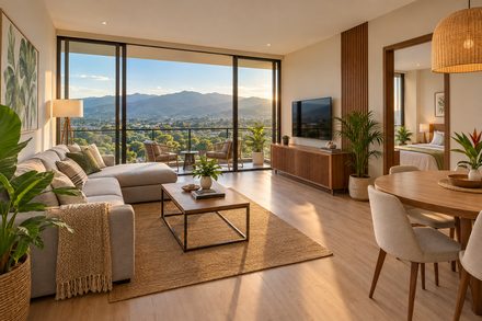 Foto del apartamento en Escazú: sala luminosa con piso de madera clara, sofá gris y ventanales con vista a las montañas del Valle Central.