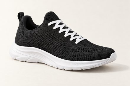 Foto que envía el cliente: tenis para correr negras, con suela y cordones blancos.