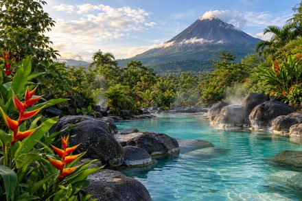 Foto del tour: aguas termales de La Fortuna con el volcán Arenal al fondo.